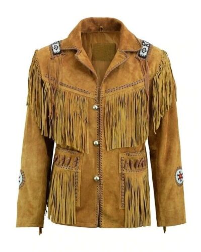 Men's Western Brown Suede Leather Fringe Beaded Jacket MW856