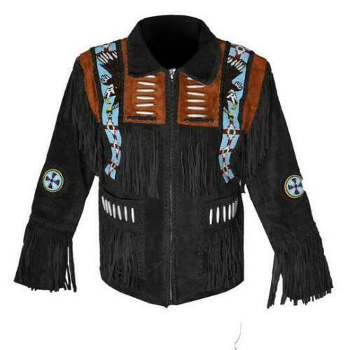 Men's Western Black Suede Leather Fringe Beaded Jacket MW865