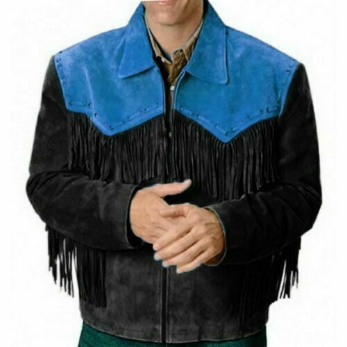 Men's Western Black Suede Leather Fringe Jacket MW868