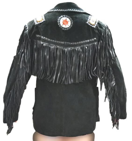 Black Suede Leather Fringe Beaded Jacket For Women WWJ710