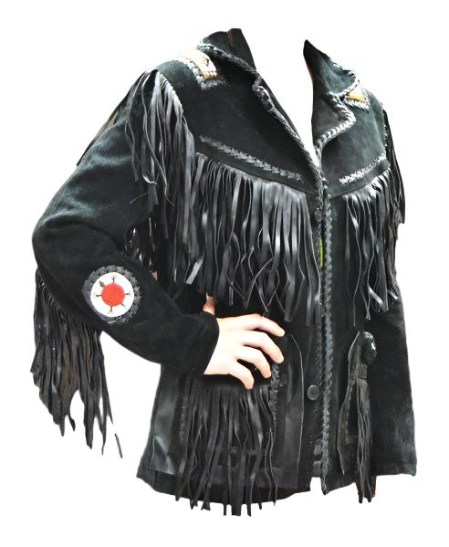 Black Suede Leather Fringe Beaded Jacket For Women WWJ710