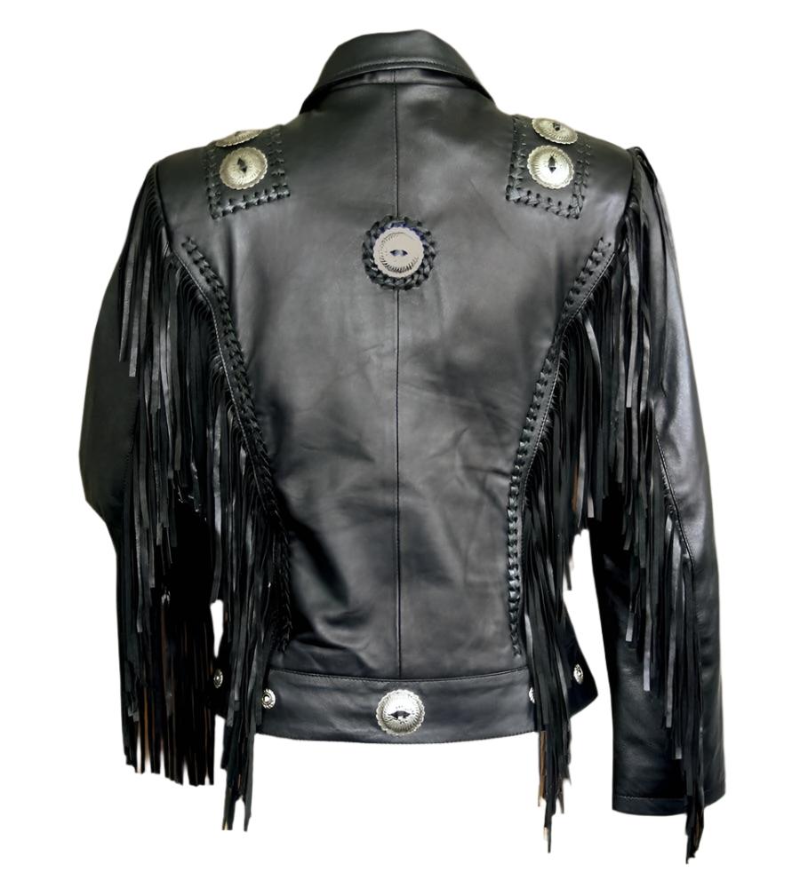 Black Leather Fringes & Concho Biker Jacket For Women WWJ718