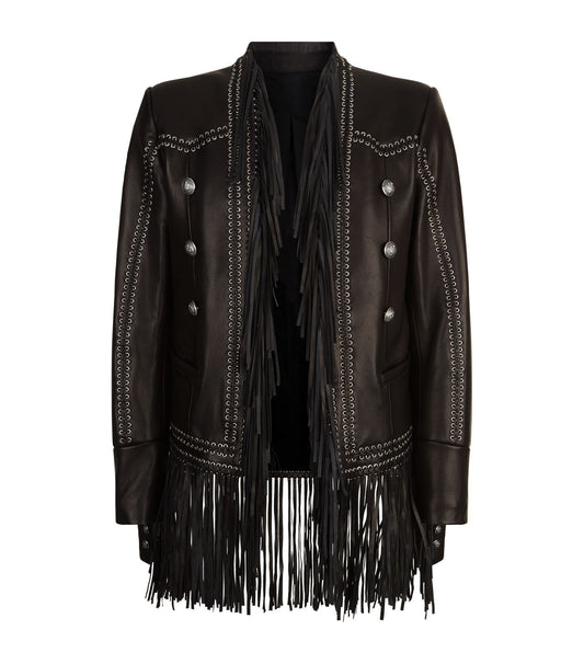 Black Leather Fringe Jacket For Women WWJ698