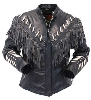 Black Leather Fringe Bone Biker Jacket For Women WWJ546