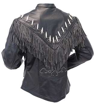 Black Leather Fringe Bone Biker Jacket For Women WWJ546