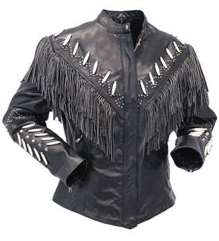 Black Leather Fringe Bone Biker Jacket For Women WWJ546