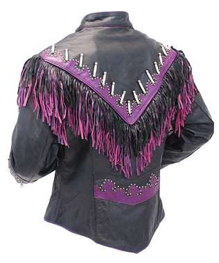 Black Leather Pink Fringe Bone Jacket For Women WWJ706