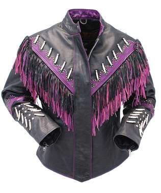 Black Leather Pink Fringe Bone Jacket For Women WWJ706