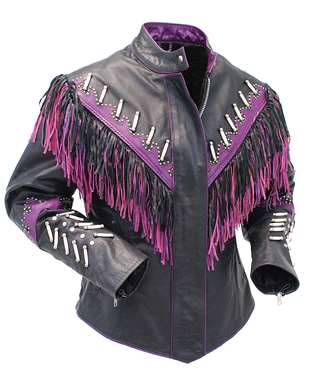 Black Leather Pink Fringe Bone Jacket For Women WWJ706