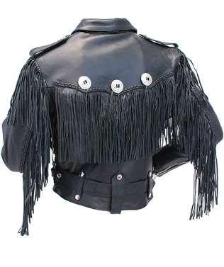 Black Leather Fringe & Concho Biker Jacket For Women WWJ697