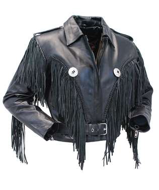 Black Leather Fringe & Concho Biker Jacket For Women WWJ697