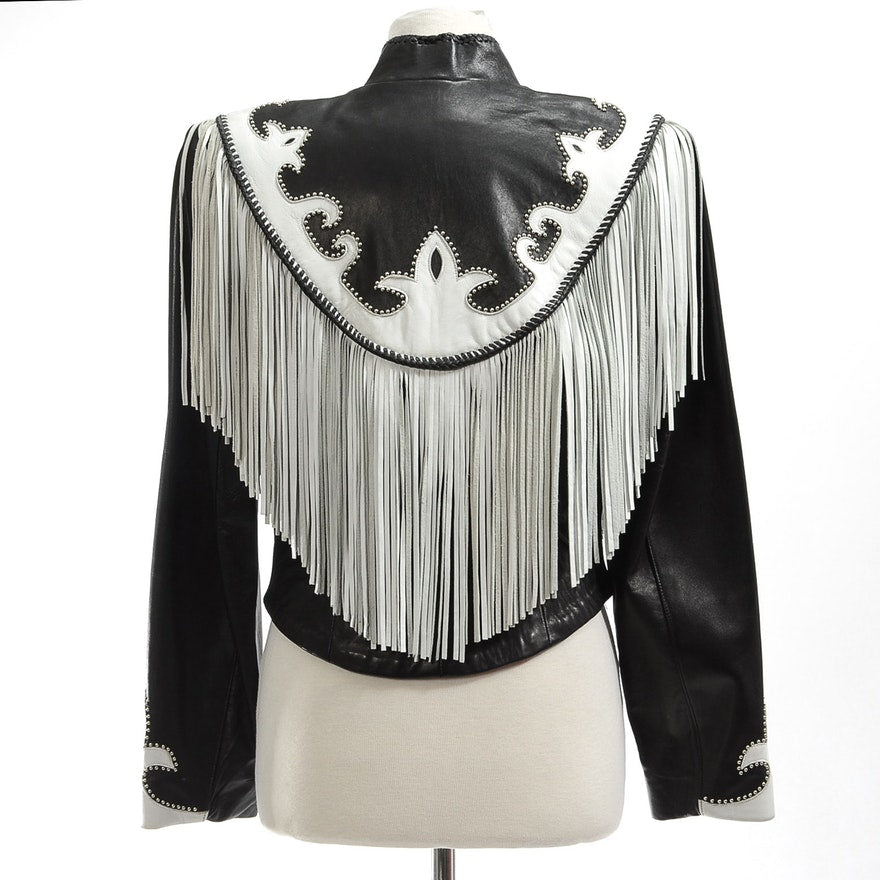 Black Leather White Fringe Biker Jacket For Women WWJ705