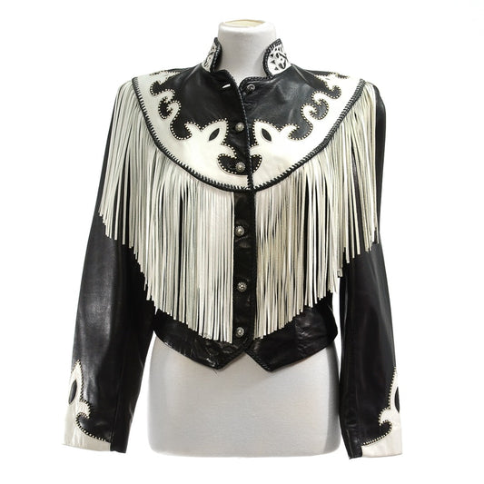 Black Leather White Fringe Biker Jacket For Women WWJ705