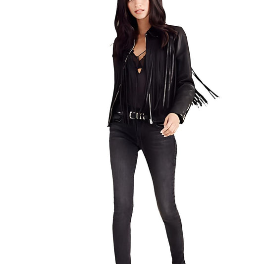 Black Leather Long Fringe Biker Jacket For Women WWJ707