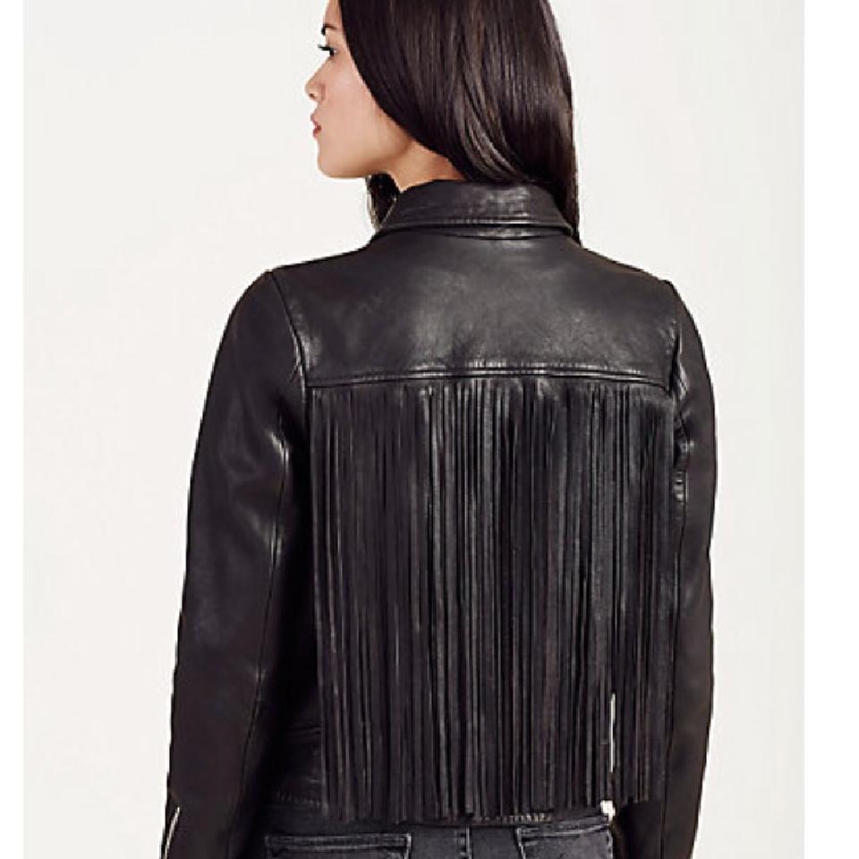 Black Leather Long Fringe Biker Jacket For Women WWJ707