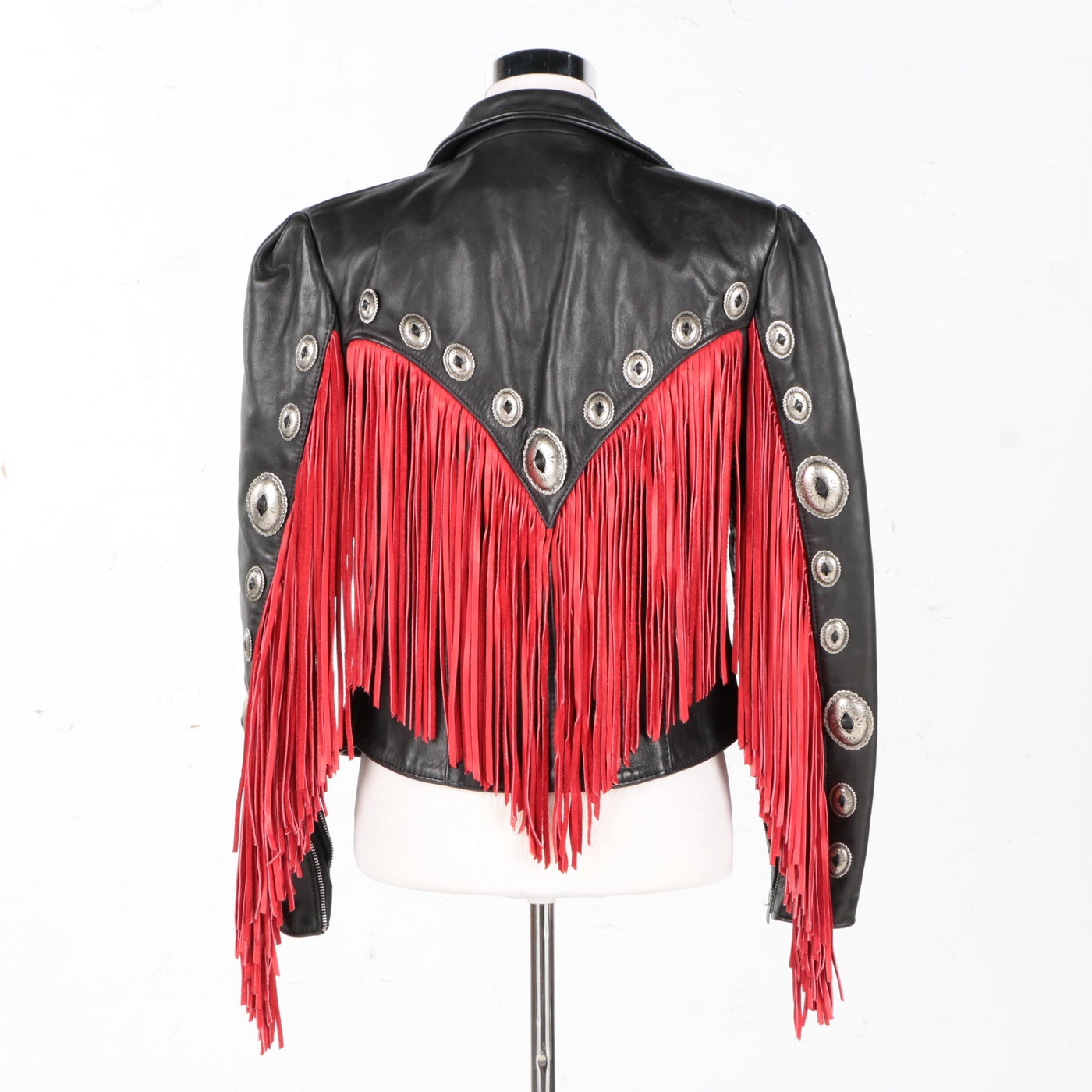 Black Leather Red Fringes Jacket For Women WWJ700