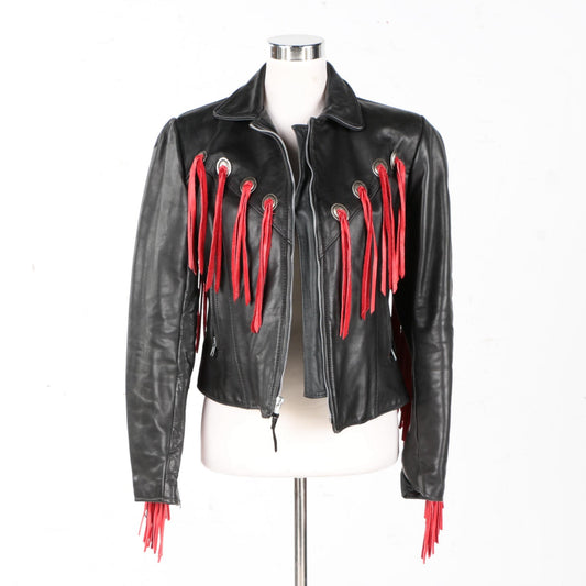 Black Leather Red Fringes Jacket For Women WWJ700