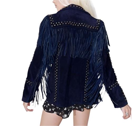 Blue Suede Leather Fringes Silver Studded Jacket For Women WWJ694