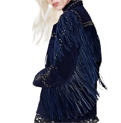 Blue Suede Leather Fringes Silver Studded Jacket For Women WWJ694