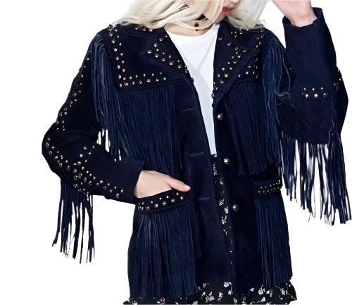 Blue Suede Leather Fringes Silver Studded Jacket For Women WWJ694