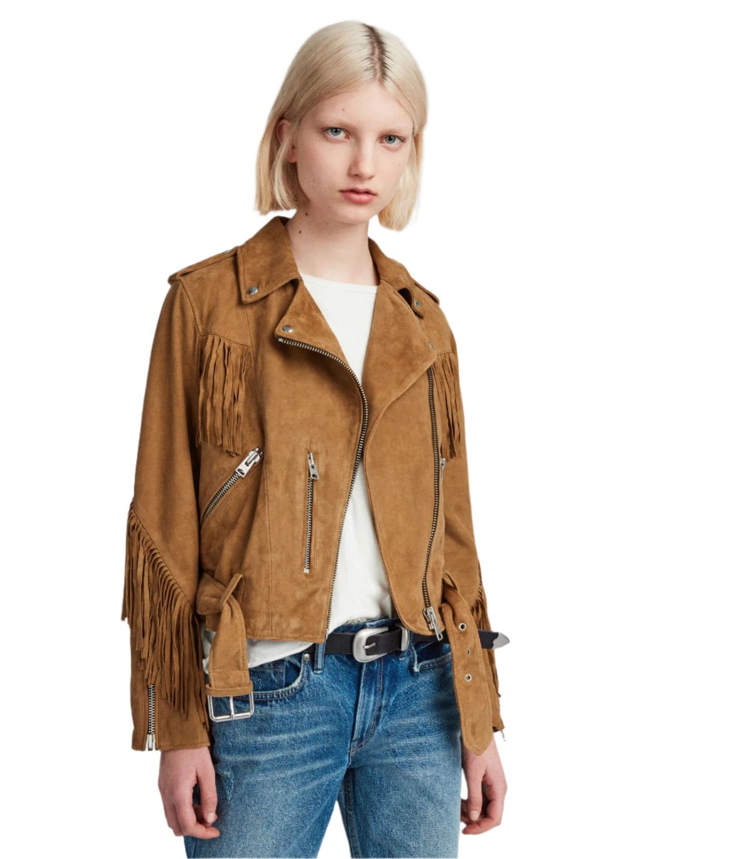 Cowgirl Brown Suede Leather Fringe Biker Jacket WWJ656