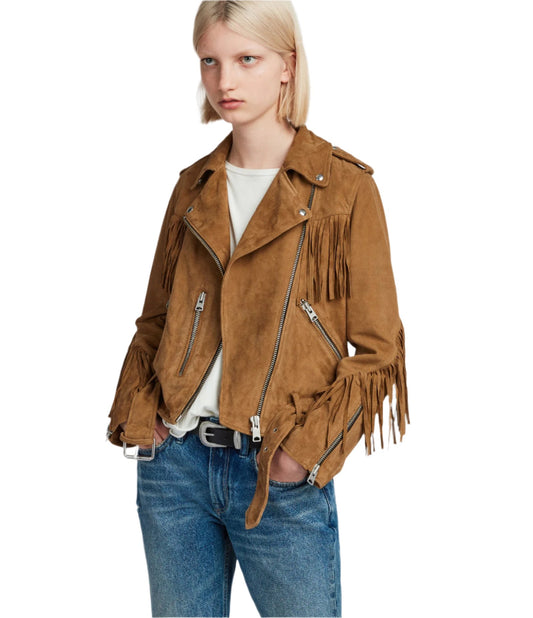 Cowgirl Brown Suede Leather Fringe Biker Jacket WWJ656