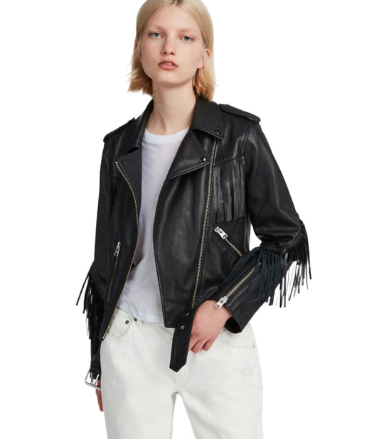 Black Leather Fringes Jacket For Women WWJ606