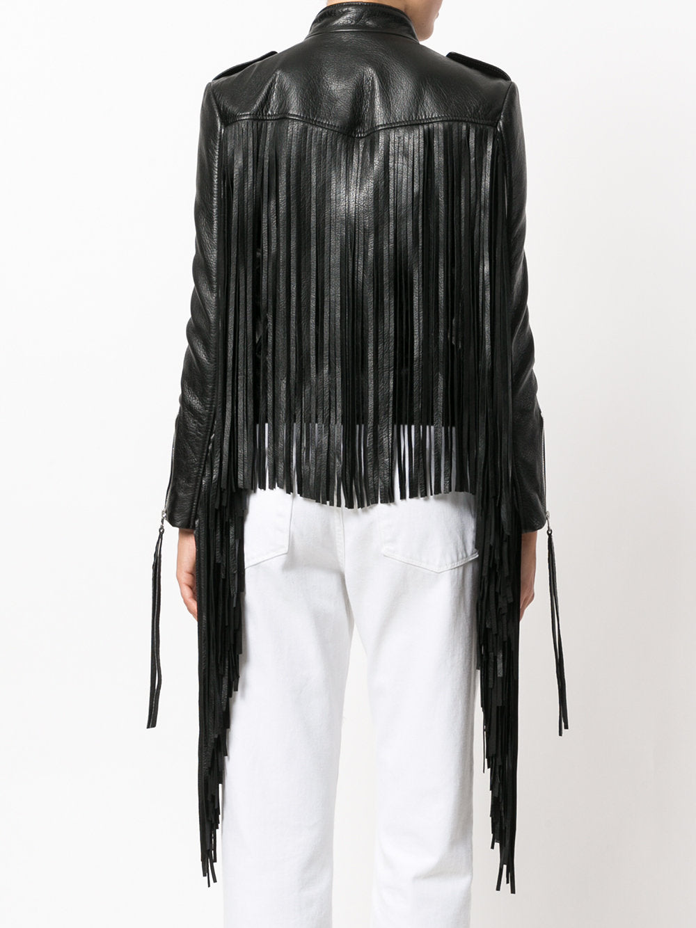 Black Leather Long Fringe Jacket For Women WWJ547