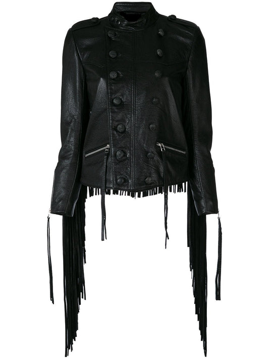 Black Leather Long Fringe Jacket For Women WWJ704