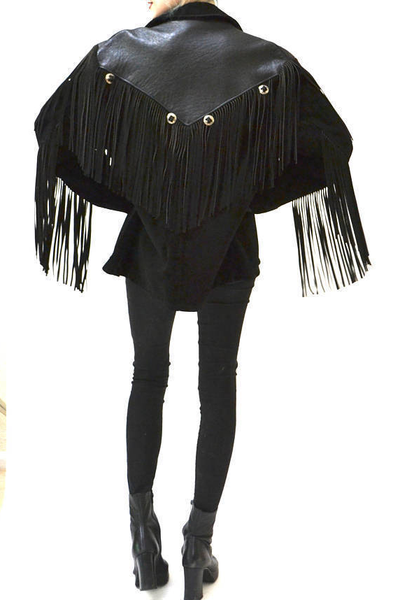 Black Suede Leather Fringes Jacket For Women WWJ703