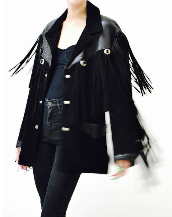 Black Suede Leather Fringes Jacket For Women WWJ703