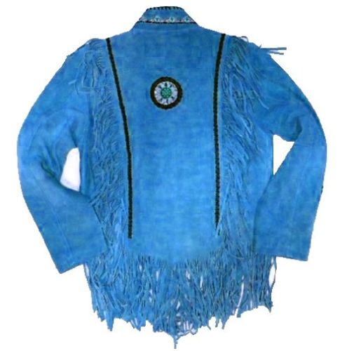 Men's Western Blue Buckskin Suede Leather Beaded Fringes Jacket MWJ23BL