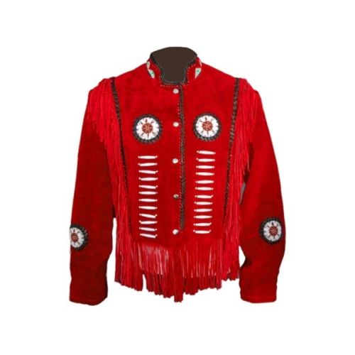 Men's Western Red Buckskin Suede Leather Beaded Fringes Jacket MWJ23R