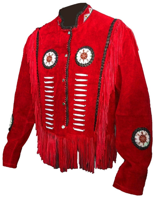 Men's Western Red Buckskin Suede Leather Beaded Fringes Jacket MWJ23R