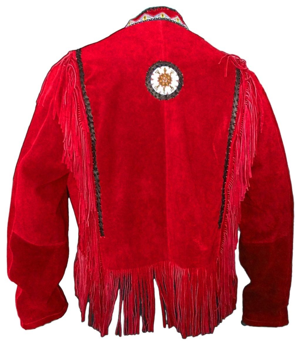 Men's Western Red Buckskin Suede Leather Beaded Fringes Jacket MWJ23R