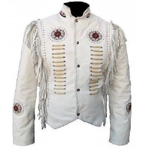 Men's Western White Buckskin Leather Beaded Fringes Jacket MWJ23W