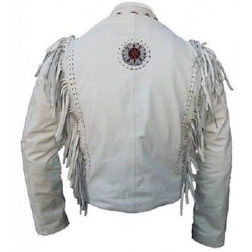 Men's Western White Buckskin Leather Beaded Fringes Jacket MWJ23W