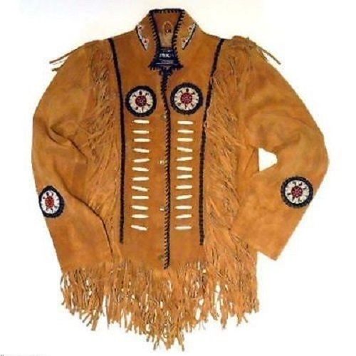 Men's Western Brown Buckskin Suede Leather Beaded Fringes Jacket MWJ23