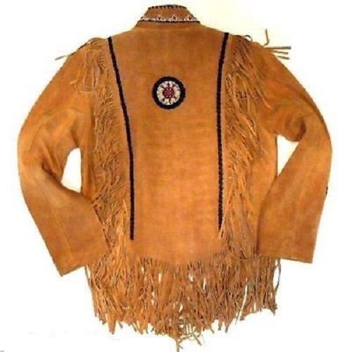 Men's Western Brown Buckskin Suede Leather Beaded Fringes Jacket MWJ23