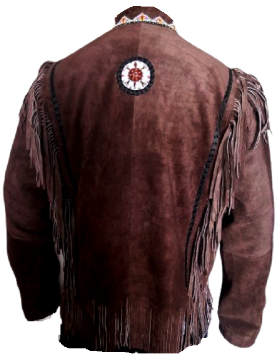 Men's Western Dark Brown Buckskin Suede Leather Beaded Fringes Jacket MWJ23BR