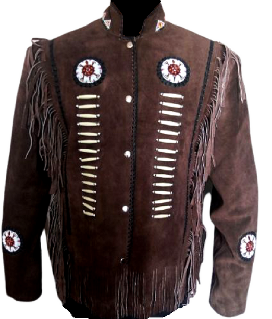 Men's Western Dark Brown Buckskin Suede Leather Beaded Fringes Jacket MWJ23BR