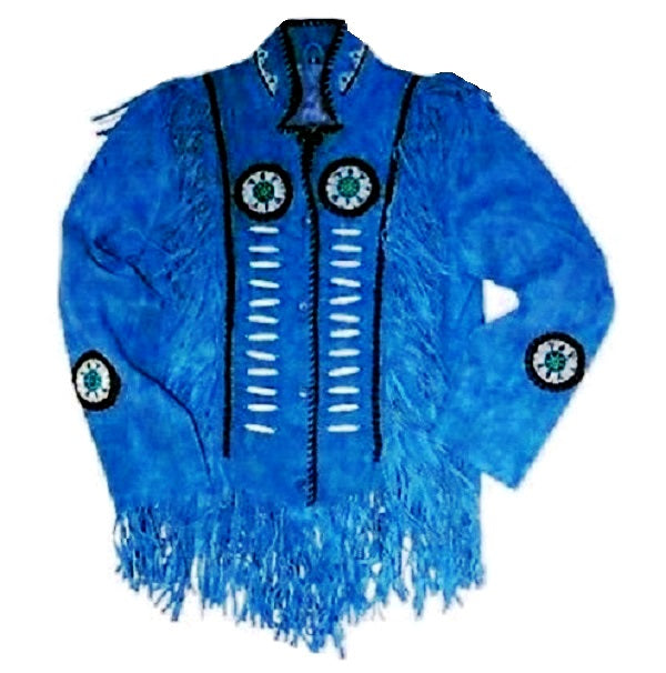 Men's Western Blue Buckskin Suede Leather Beaded Fringes Jacket MWJ23BL