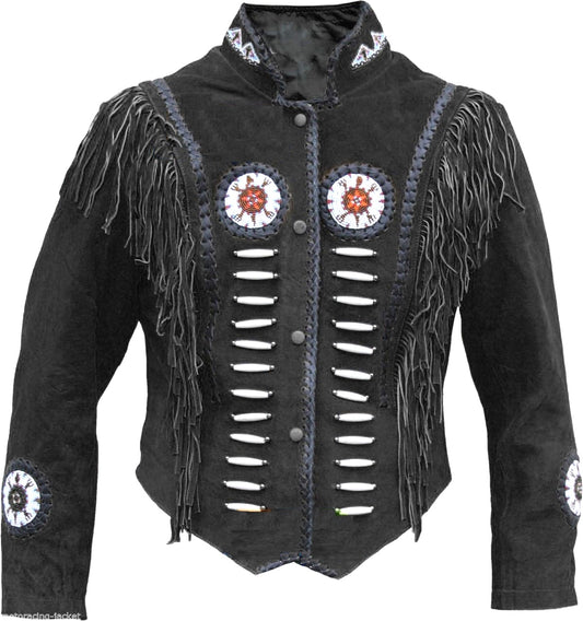 Men's Western Black Buckskin Suede Leather Beaded Fringes Jacket MWJ23BK