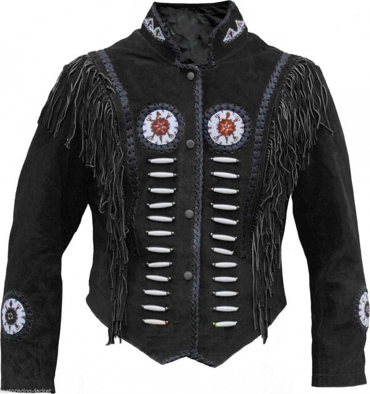 Men's Western Brown Buckskin Suede Leather Beaded Fringes Jacket MWJ23