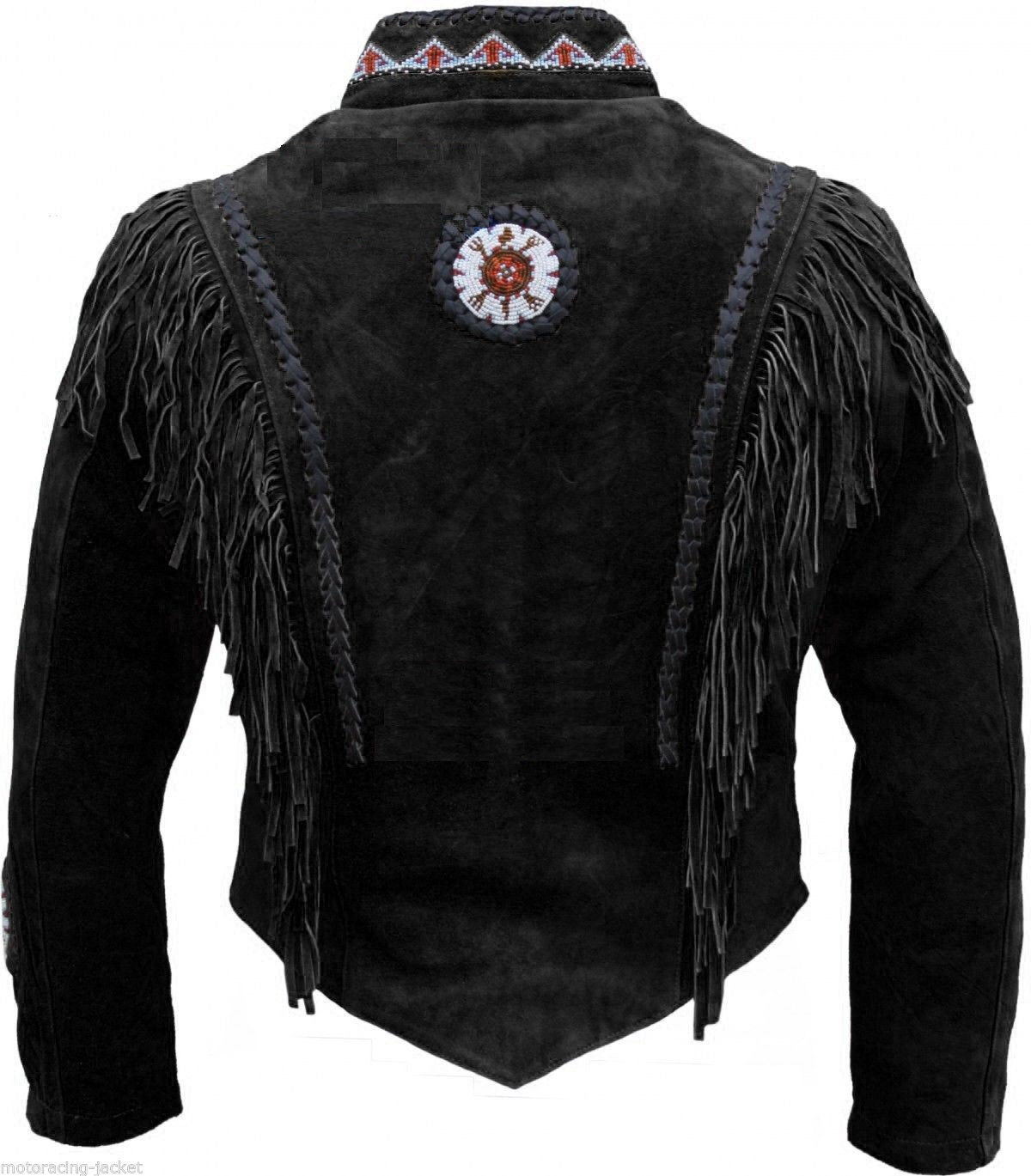 Men's Western Black Buckskin Suede Leather Beaded Fringes Jacket MWJ23BK