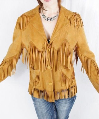 Golden Brown Suede Leather Fringe Jacket For Women WWJ515