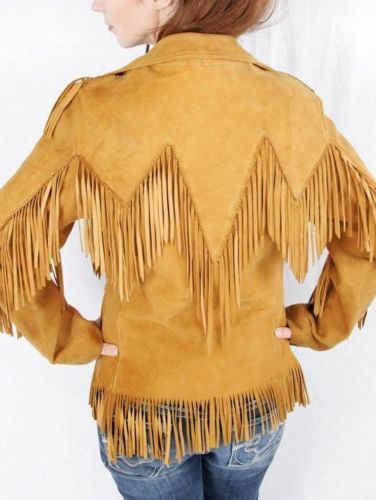 Golden Brown Suede Leather Fringe Jacket For Women WWJ515