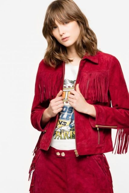 Western Red Suede Leather Fringes Cowgirl Jacket WWJ591