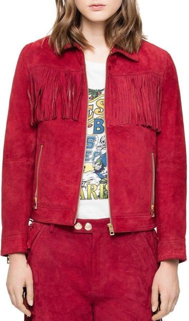 Western Red Suede Leather Fringes Cowgirl Jacket WWJ591