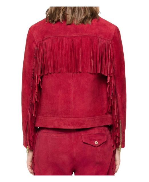 Western Red Suede Leather Fringes Cowgirl Jacket WWJ591